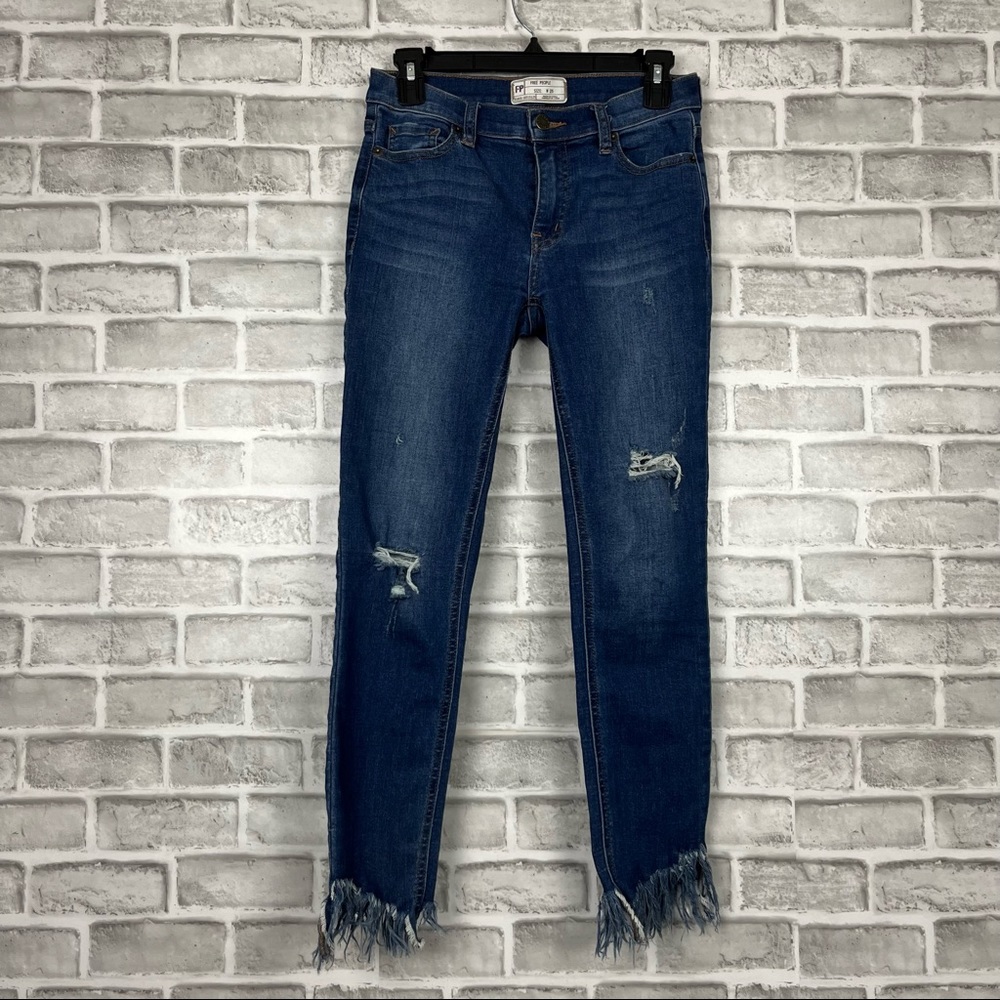 Free People Dark Wash Distressed Raw Frayed Chewed Hem Stretch Ankle Jeans